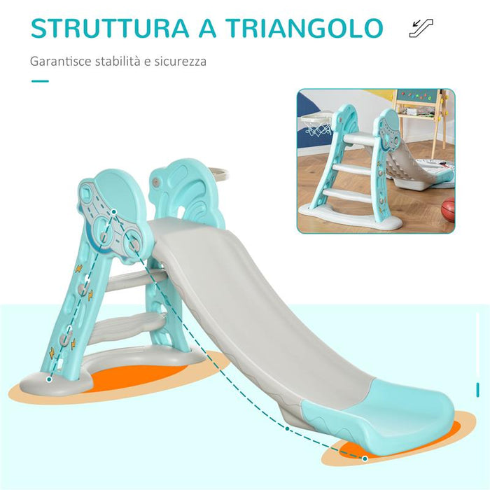 SCIVOLO PER BAMBINI DA 18 MESI PIEGHEVOLE CON 3 SCALINI E CANESTRO BASKET, 140X87X75CM, BLU E GRIGIO