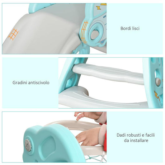 SCIVOLO PER BAMBINI DA 18 MESI PIEGHEVOLE CON 3 SCALINI E CANESTRO BASKET, 140X87X75CM, BLU E GRIGIO