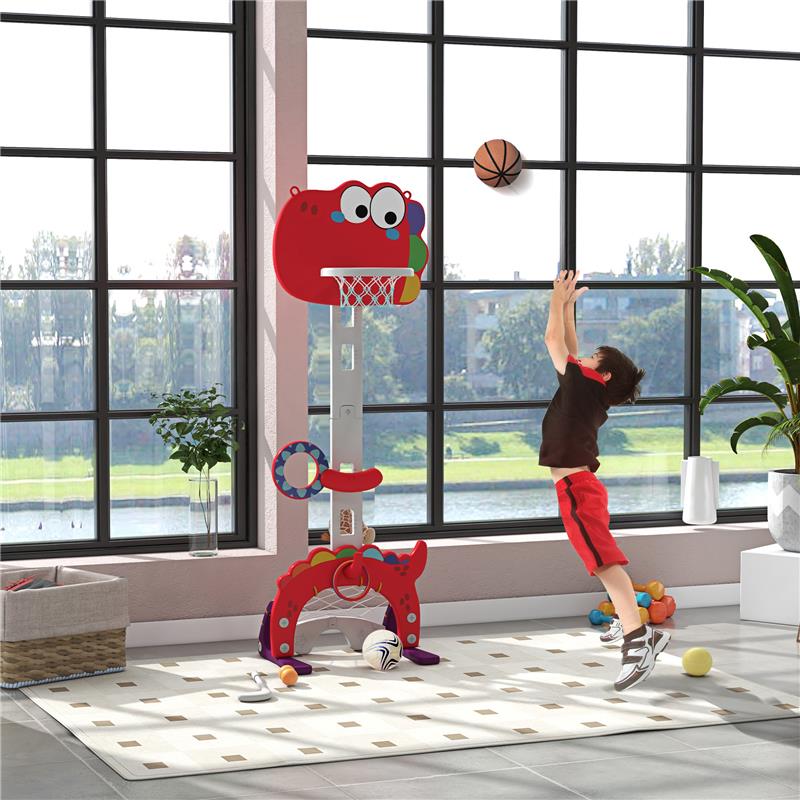 CANESTRO BASKET PER BAMBINI 5 IN 1 CON ALTEZZA REGOLABILE, PORTA DA CALCIO E GOLF, ETÓ 3-6 ANNI, ROSSO