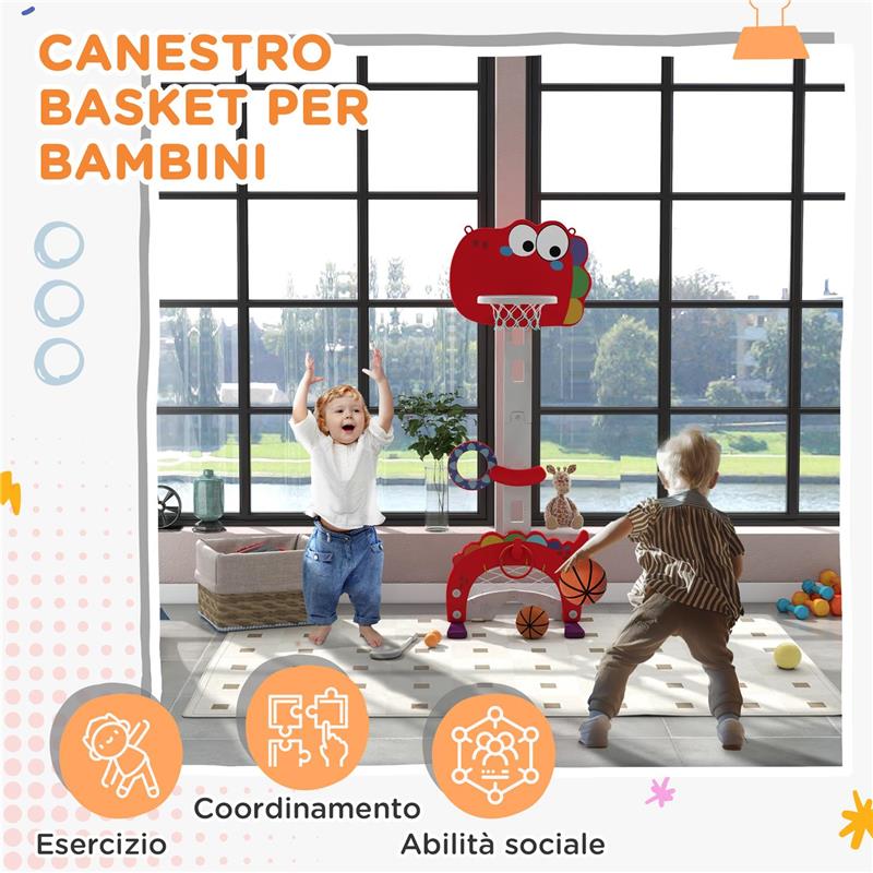 CANESTRO BASKET PER BAMBINI 5 IN 1 CON ALTEZZA REGOLABILE, PORTA DA CALCIO E GOLF, ETÓ 3-6 ANNI, ROSSO