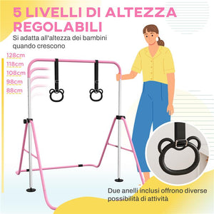 SBARRA GINNASTICA ARTISTICA PER BAMBINI AD ALTEZZA REGOLABILE CON 2 ANELLI, IN ACCIAIO, 148X105X88-128 CM, ROSA