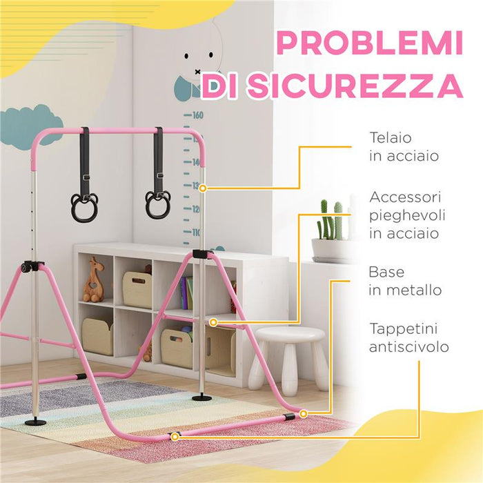 SBARRA GINNASTICA ARTISTICA PER BAMBINI AD ALTEZZA REGOLABILE CON 2 ANELLI, IN ACCIAIO, 148X105X88-128 CM, ROSA