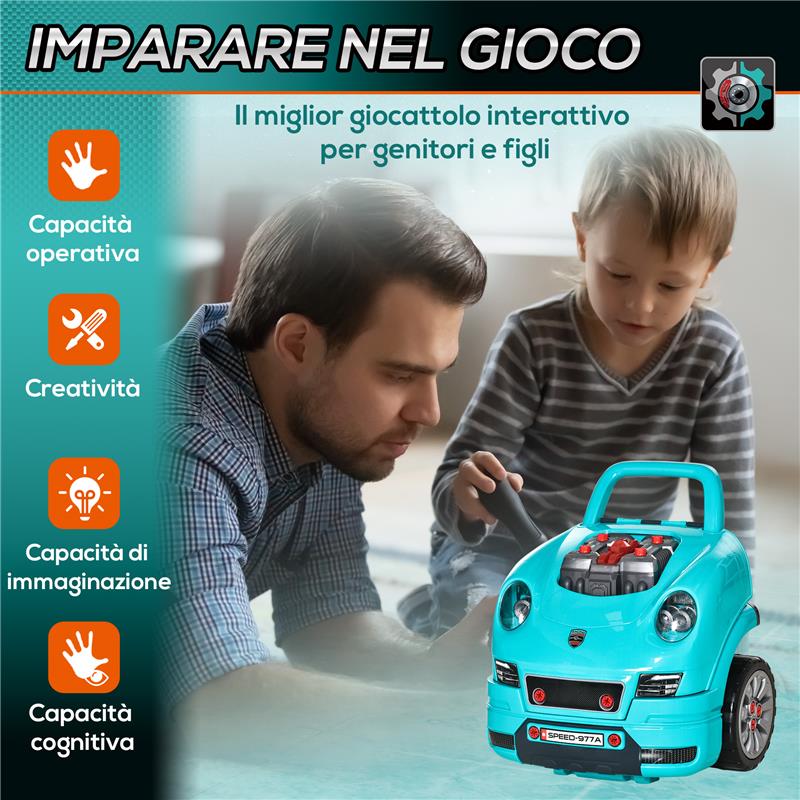 OFFICINA CAMION GIOCATTOLO PER BAMBINI 3-5 ANNI A 61 PEZZI CON MANIGLIA, IN ABS E PP, 40X39X47 CM, NERO E AZZURRO