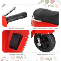 MOTO ELETTRICA PER BAMBINI DESIGN VESPA, BATTERIA 6V CON SUONI E LUCI, ETÀ 3-6 ANNI, ROSSO