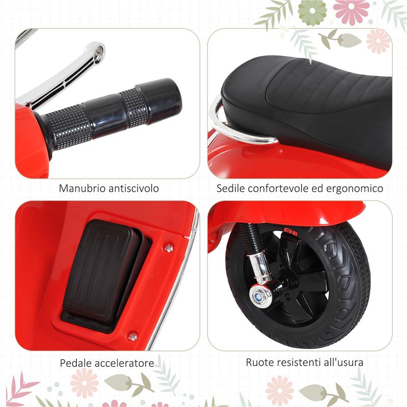 MOTO ELETTRICA PER BAMBINI DESIGN VESPA, BATTERIA 6V CON SUONI E LUCI, ETÀ 3-6 ANNI, ROSSO