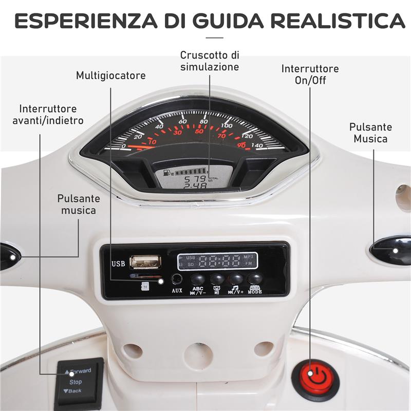 MOTO ELETTRICA PER BAMBINI DESIGN VESPA, BATTERIA 6V CON SUONI E LUCI, ETÀ 3-6 ANNI, BIANCO