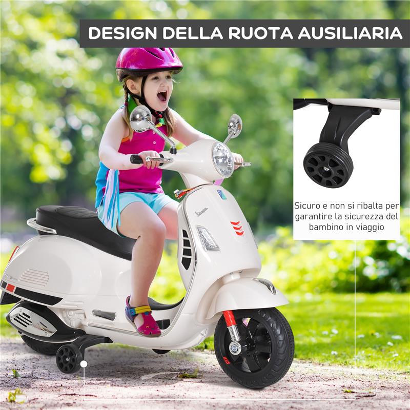 MOTO ELETTRICA PER BAMBINI DESIGN VESPA, BATTERIA 6V CON SUONI E LUCI, ETÀ 3-6 ANNI, BIANCO