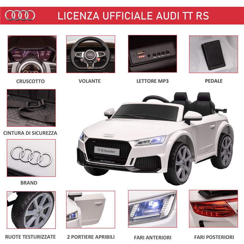 MACCHINA ELETTRICA PER BAMBINI 3-5 ANNI AUDI TT CON TELECOMANDO, PORTIERE APRIBILI E FARI LED, BIANCO