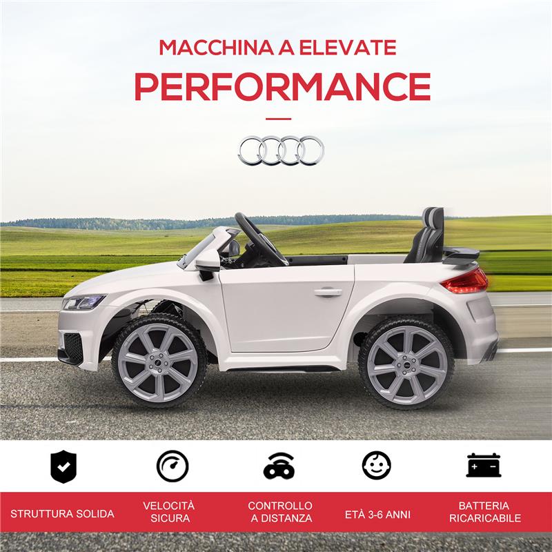 MACCHINA ELETTRICA PER BAMBINI 3-5 ANNI AUDI TT CON TELECOMANDO, PORTIERE APRIBILI E FARI LED, BIANCO