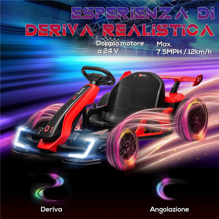 GO KART ELETTRICO PER BAMBINI 6-12 ANNI 24V 12KM/H CON SEGGIOLINO REGOLABILE, ROSSO