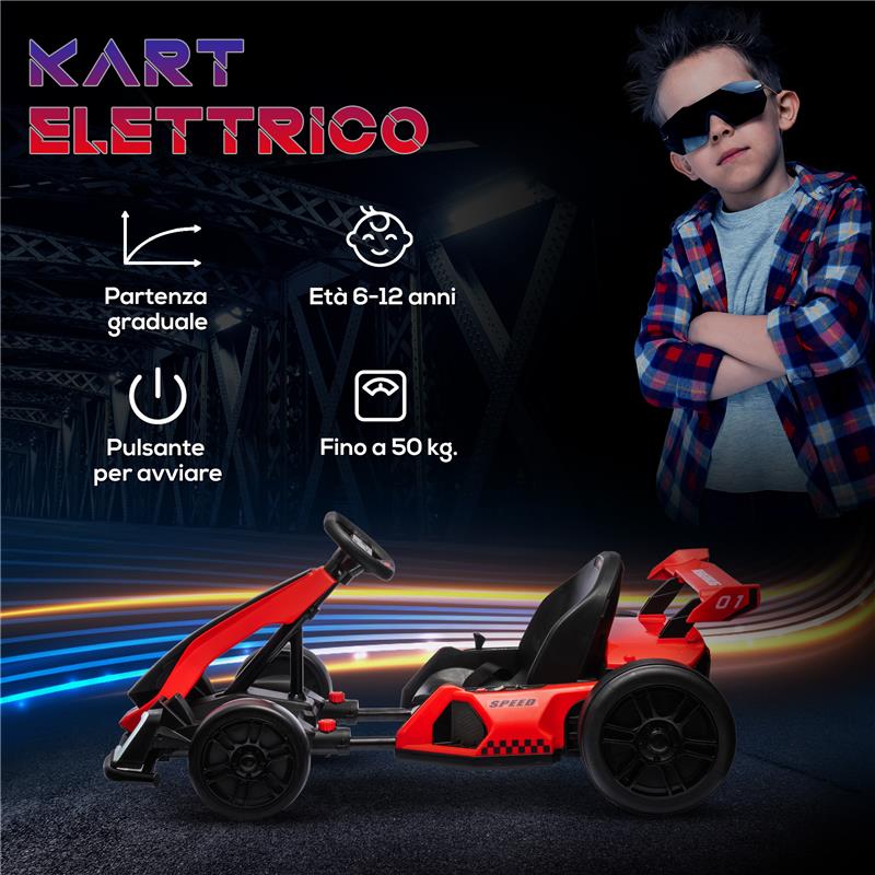 GO KART ELETTRICO PER BAMBINI 6-12 ANNI 24V 12KM/H CON SEGGIOLINO REGOLABILE, ROSSO