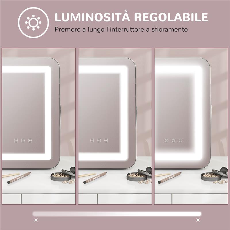SPECCHIO TRUCCO CON LUCI REGOLABILI A 3 COLORI, PRESA USB E SPECCHIETTO INGRANDITORE 10X, 31X41.5X3CM, BIANCO