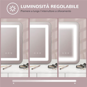 SPECCHIO TRUCCO CON LUCI REGOLABILI A 3 COLORI, PRESA USB E SPECCHIETTO INGRANDITORE 10X, 31X41.5X3CM, BIANCO