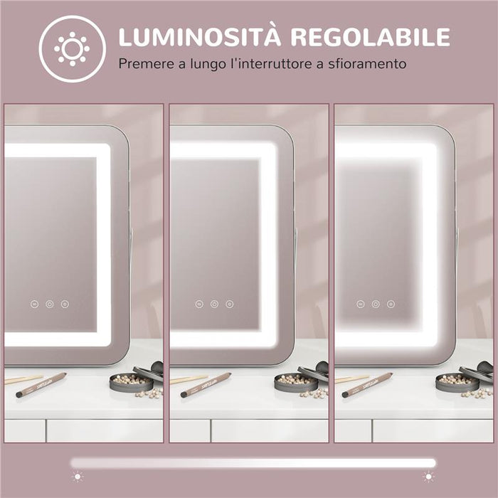 SPECCHIO TRUCCO CON LUCI REGOLABILI A 3 COLORI, PRESA USB E SPECCHIETTO INGRANDITORE 10X, 31X41.5X3CM, BIANCO
