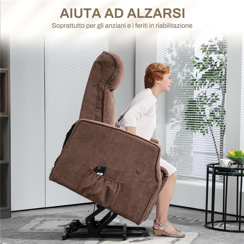 POLTRONA RELAX ALZAPERSONA CON 8 PUNTI MASSAGGIO, RECLINAZIONE A 135¦ E 2 TELECOMANDI, MARRONE