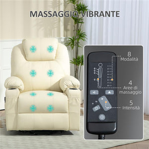 POLTRONA ALZAPERSONA RECLINABILE FINO A 135¦ CON 8 PUNTI MASSAGGIO, TELECOMANDO E POGGIAPIEDI, 88X92X106 CM, CREMA