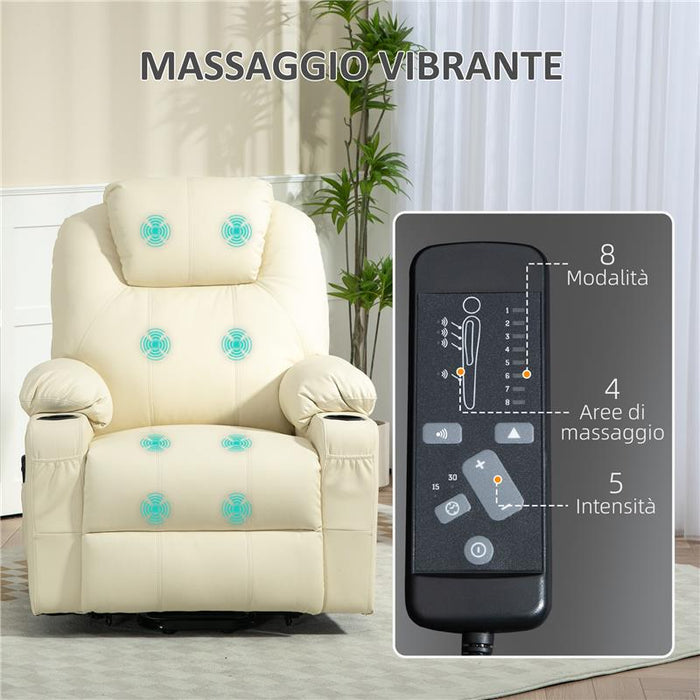 POLTRONA ALZAPERSONA RECLINABILE FINO A 135¦ CON 8 PUNTI MASSAGGIO, TELECOMANDO E POGGIAPIEDI, 88X92X106 CM, CREMA