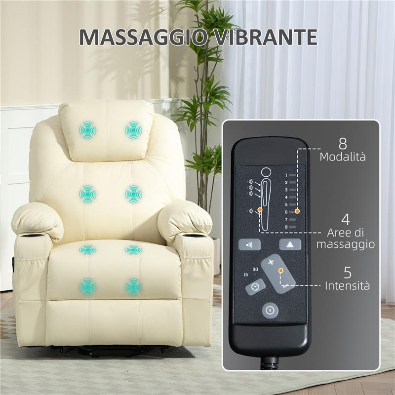 POLTRONA ALZAPERSONA RECLINABILE FINO A 135¦ CON 8 PUNTI MASSAGGIO, TELECOMANDO E POGGIAPIEDI, 88X92X106 CM, CREMA