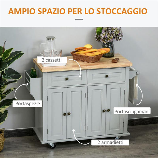 CARRELLO DA CUCINA CON 2 CASSETTI E 2 ARMADIETTI, PIANO IN LEGNO, PORTASPEZIE E PORTA CANOVACCI, GRIGIO