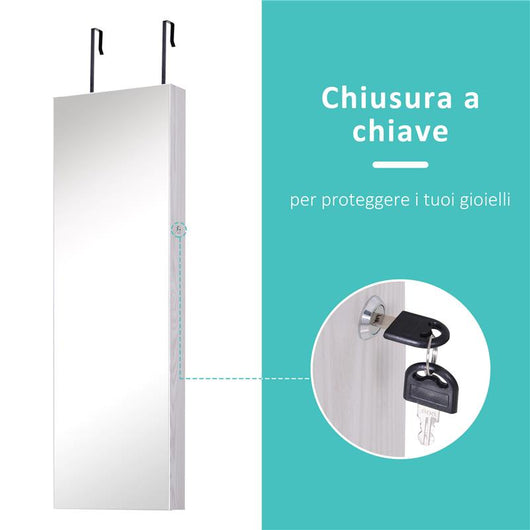 SPECCHIERA PORTAGIOIELLI CON 6 LUCI LED E SPAZI PORTAOGGETTI IN LEGNO E VETRO, 37X120X10 CM, COLOR LEGNO BIANCO