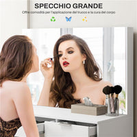 SET TAVOLO DA TRUCCO CON SPECCHIO E 5 CASSETTI 97.2X44.5X136.5 CM E SGABELLO IMBOTTITO 40X24X46 CM, BIANCO