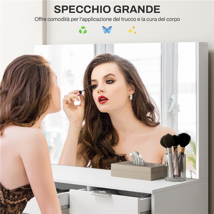 SET TAVOLO DA TRUCCO CON SPECCHIO E 5 CASSETTI 97.2X44.5X136.5 CM E SGABELLO IMBOTTITO 40X24X46 CM, BIANCO