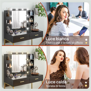 TAVOLO DA TRUCCO CON 2 CASSETTI, 6 RIPIANI, SPECCHIO E SGABELLO, IN LEGNO E ACCIAIO, 90X45X132.5 CM, NERO