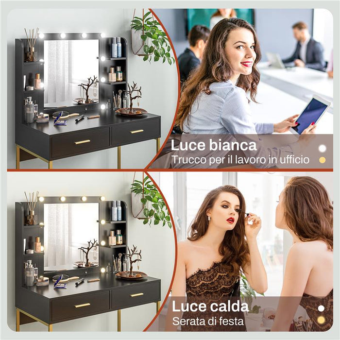 TAVOLO DA TRUCCO CON 2 CASSETTI, 6 RIPIANI, SPECCHIO E SGABELLO, IN LEGNO E ACCIAIO, 90X45X132.5 CM, NERO