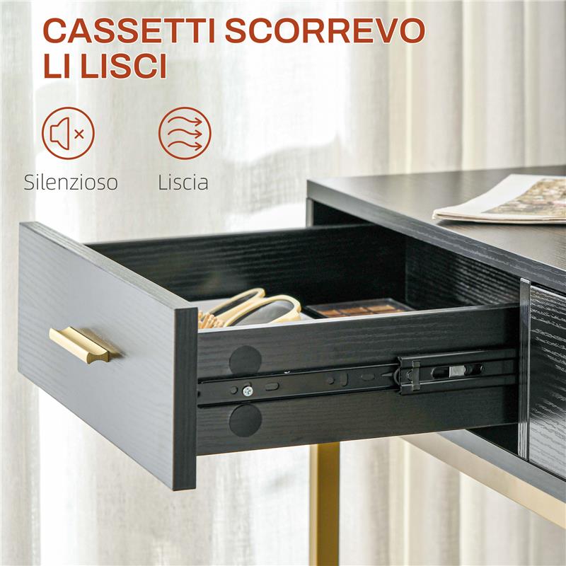TAVOLO DA TRUCCO CON 2 CASSETTI, 6 RIPIANI, SPECCHIO E SGABELLO, IN LEGNO E ACCIAIO, 90X45X132.5 CM, NERO