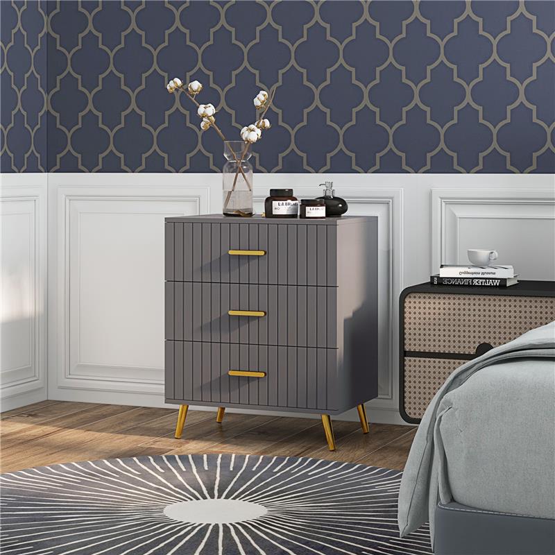 CASSETTIERA 3 CASSETTI MODERNA IN LEGNO E ALLUMINIO, 60X40X71.5 CM, ORO E GRIGIO SCURO