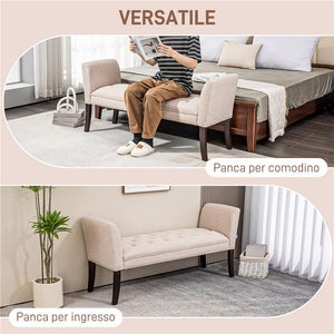 PANCA FONDO LETTO IMBOTTITA E A BOTTONI, IN TESSUTO EFFETTO LINO E LEGNO, 141X44X65 CM, BEIGE