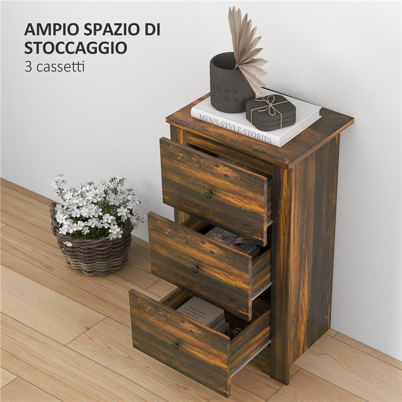 COMODINO CON 3 CASSETTI DALLO STILE RUSTICO IN LEGNO, 40X30X74 CM, MARRONE