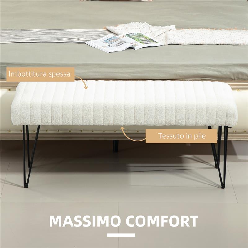 PANCA FONDOLETTO MODERNA CON GAMBE A FORCINA, IN TESSUTO EFFETTO CINIGLIA, LEGNO E METALLO, 118.5X46X49.5 CM, CREMA
