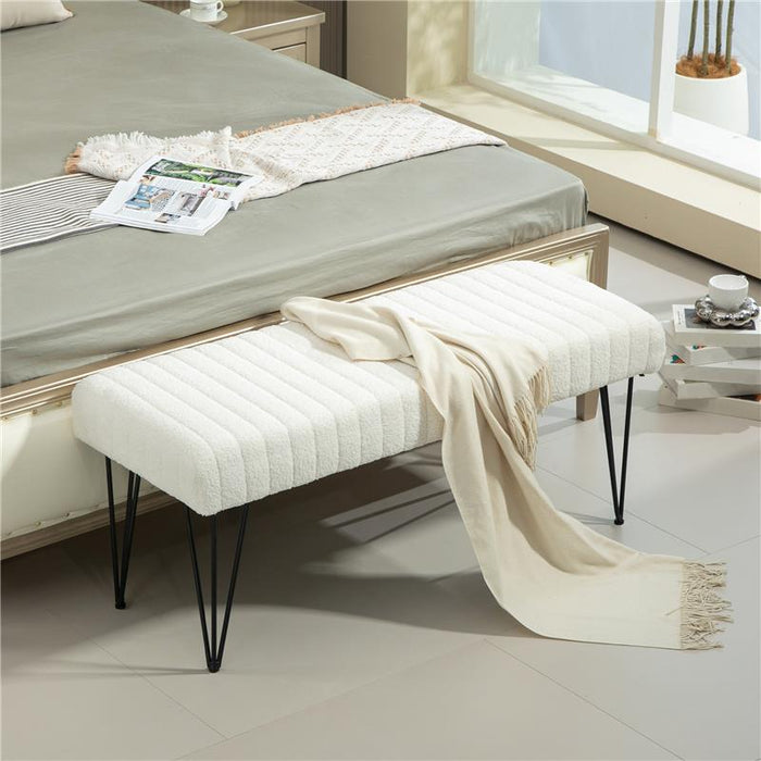PANCA FONDOLETTO MODERNA CON GAMBE A FORCINA, IN TESSUTO EFFETTO CINIGLIA, LEGNO E METALLO, 118.5X46X49.5 CM, CREMA