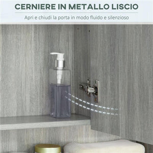 ARMADIETTO CON SPECCHIO A 4 SEZIONI CON RIPIANI REGOLABILI, IN LEGNO E VETRO, 90X15X75 CM, GRIGIO