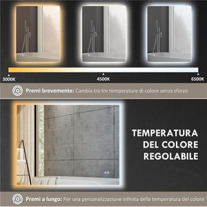 SPECCHIO DA BAGNO ANTICONDENSA CON LUMINOSITÓ E COLORE REGOLABILI, IN VETRO E LEGA DI ALLUMINIO, 80X60X4 CM