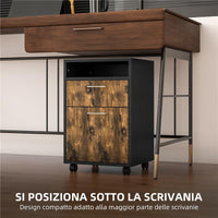 CASSETTIERA PORTADOCUMENTI CON CASSETTO E RIPIANO, 4 RUOTE, 40X35X60CM, MARRONE E NERO