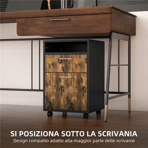 CASSETTIERA PORTADOCUMENTI CON CASSETTO E RIPIANO, 4 RUOTE, 40X35X60CM, MARRONE E NERO