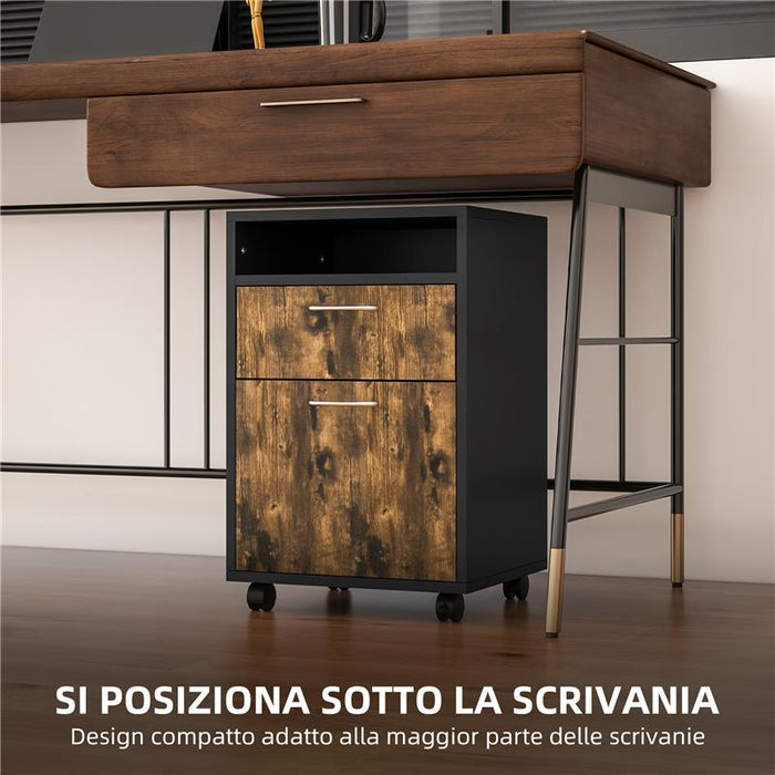 CASSETTIERA PORTADOCUMENTI CON CASSETTO E RIPIANO, 4 RUOTE, 40X35X60CM, MARRONE E NERO