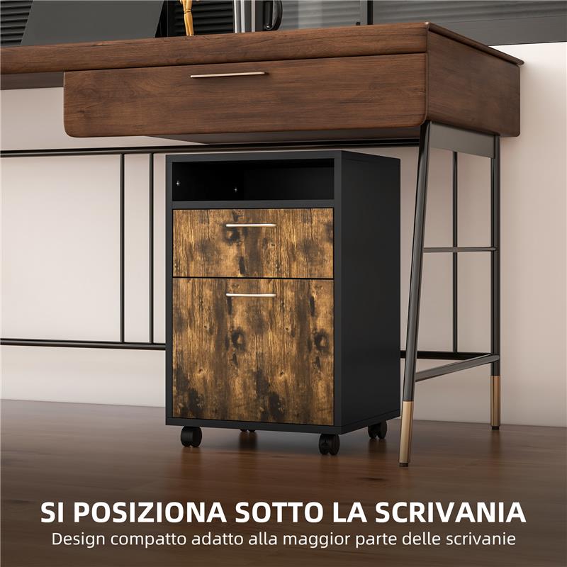 CASSETTIERA PORTADOCUMENTI CON CASSETTO E RIPIANO, 4 RUOTE, 40X35X60CM, MARRONE E NERO