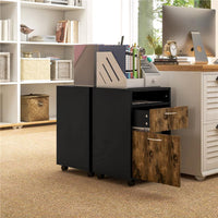 CASSETTIERA PORTADOCUMENTI CON CASSETTO E RIPIANO, 4 RUOTE, 40X35X60CM, MARRONE E NERO