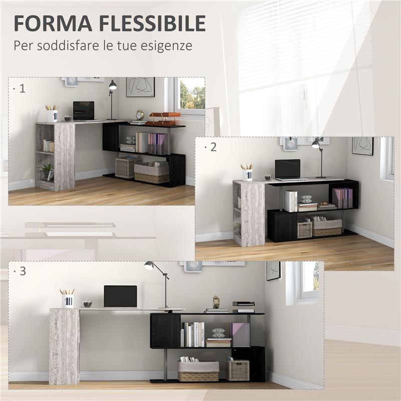 SCRIVANIA ANGOLARE SALVASPAZIO CON RIPIANO A S, IN LEGNO, 140X120X78 CM, GRIGIO EFFETTO LEGNO