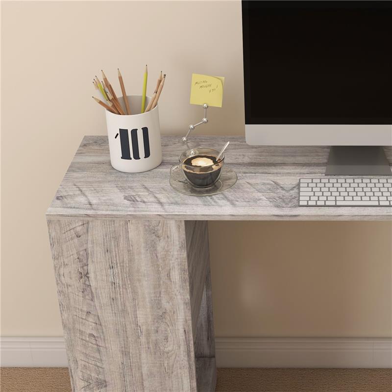 SCRIVANIA ANGOLARE SALVASPAZIO CON RIPIANO A S, IN LEGNO, 140X120X78 CM, GRIGIO EFFETTO LEGNO