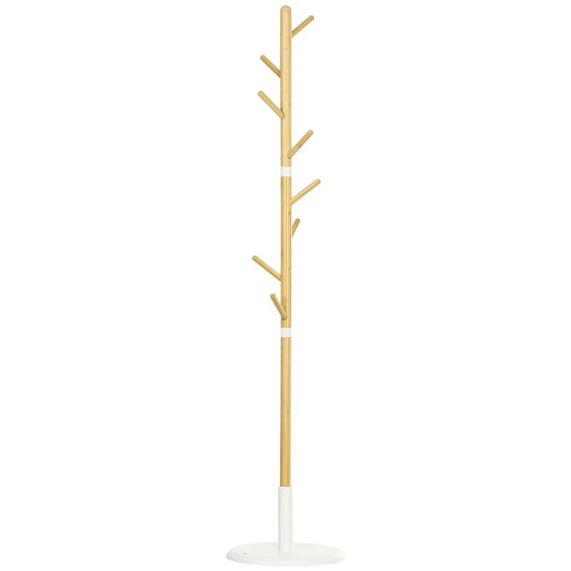 ALBERO APPENDIABITI A 8 GANCI CON BASE ROTONDA IN BAMB¨, LEGNO E METALLO, Ï37.8X175.6 CM, COLOR LEGNO E BIANCO