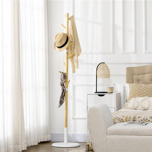 ALBERO APPENDIABITI A 8 GANCI CON BASE ROTONDA IN BAMB¨, LEGNO E METALLO, Ï37.8X175.6 CM, COLOR LEGNO E BIANCO