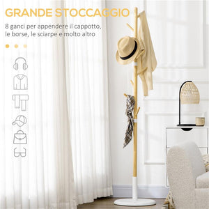 ALBERO APPENDIABITI A 8 GANCI CON BASE ROTONDA IN BAMB¨, LEGNO E METALLO, Ï37.8X175.6 CM, COLOR LEGNO E BIANCO