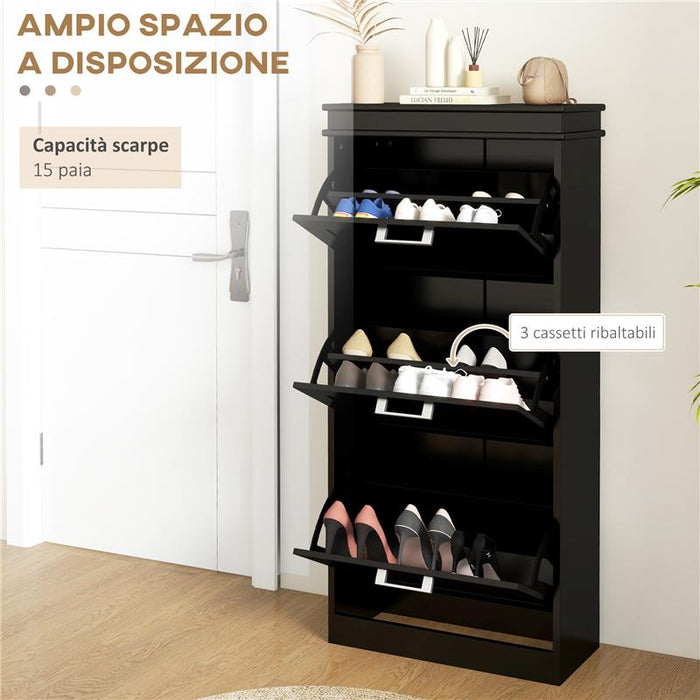 SCARPIERA MODERNA CON 3 CASSETTI RIBALTABILI PER 15 PAIA DI SCARPE E RIPIANO REGOLABILE, 54X24X117.5CM, NERO