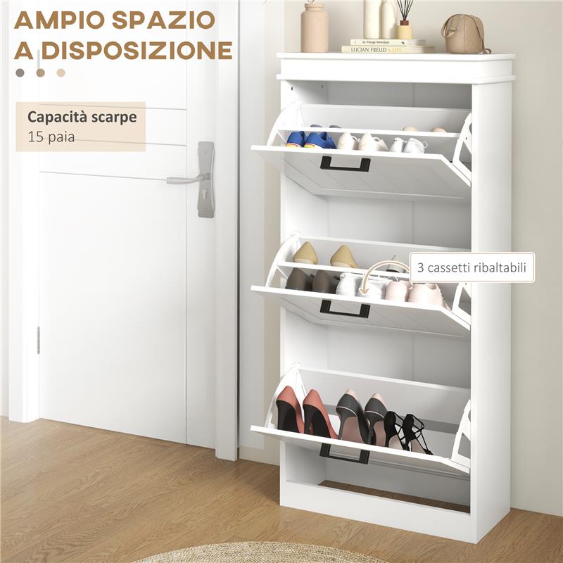 SCARPIERA MODERNA CON 3 CASSETTI RIBALTABILI PER 15 PAIA DI SCARPE E RIPIANO REGOLABILE, 54X24X117.5CM, BIANCO