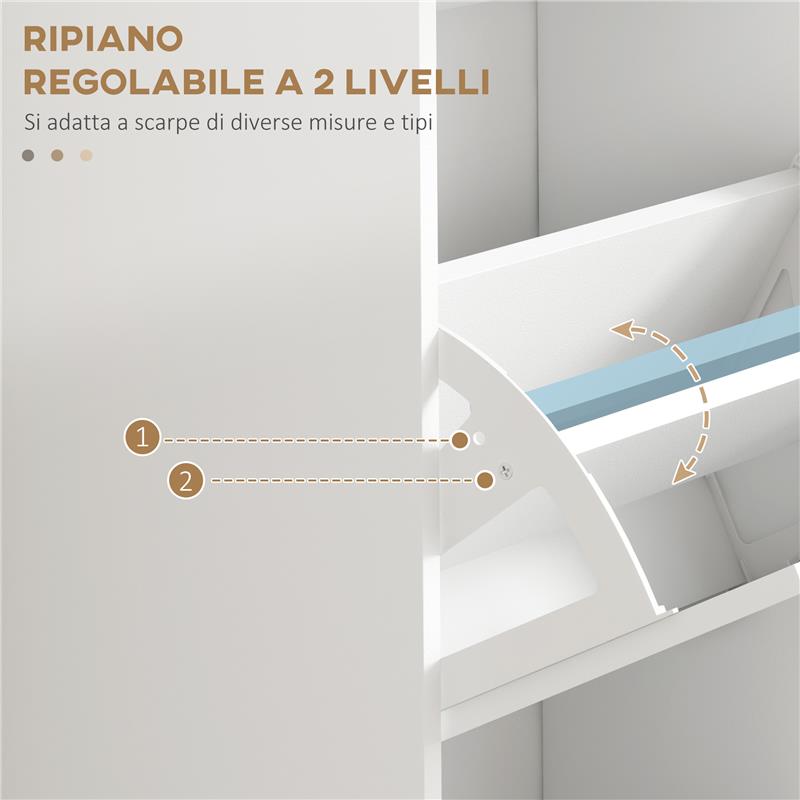 SCARPIERA MODERNA CON 3 CASSETTI RIBALTABILI PER 15 PAIA DI SCARPE E RIPIANO REGOLABILE, 54X24X117.5CM, BIANCO