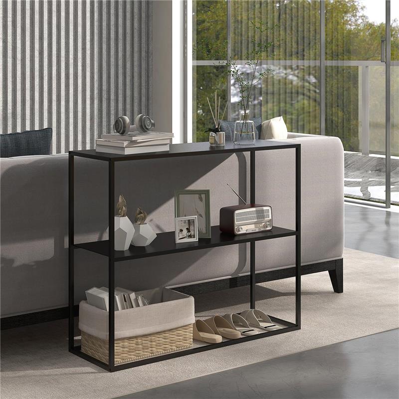 MOBILE CONSOLLE DA INGRESSO MODERNO A 2 RIPIANI IN ACCIAIO, 90X30X75CM, NERO
